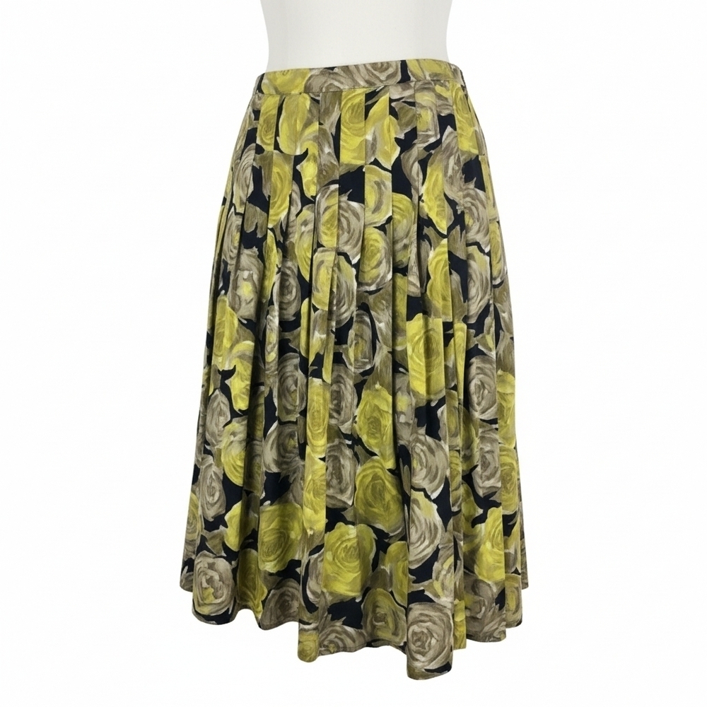 Floral Pleated Midi Skirt Yellow Rose Print Anne Klein Size 8